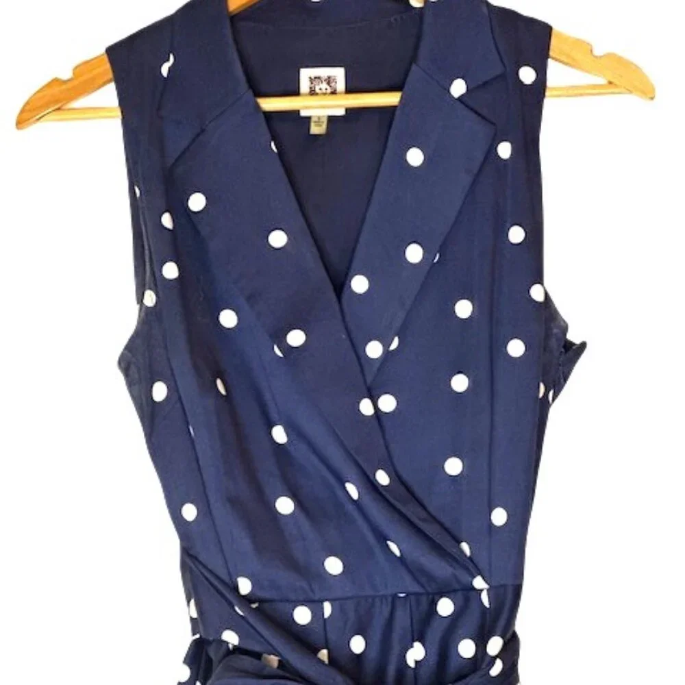 Anne Klein Navy Blue Polka Dot Faux Wrap Dress - Size 6 - Picture 2 of 9